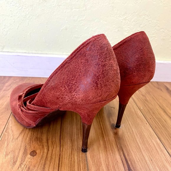 Diesel Distressed Suede Leather Heels Shoes Burgundy Red Round Toes US 7.5 - Picture 3 of 7